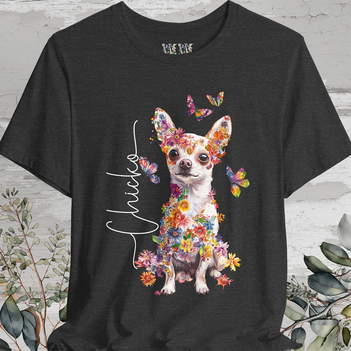 Chihuahua, White, Floral Personalized T shirt